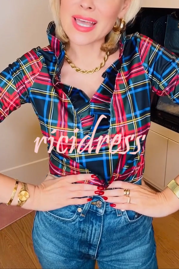 Duke of York Holiday Plaid Ruffle Stand Neck Half Sleeve Blouse