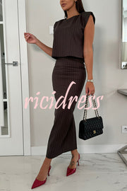 Trendy Business Striped Shoulder Padded Top and Elastic Waist Pencil Slit Skirt Set