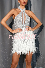 Stylish Sequined Sleeveless Feather-embellished Slim-fit Mini Dress