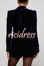Bold Modern Velvet Contrast Satin Lapel Blazer and High Rise Pocket Shorts Set