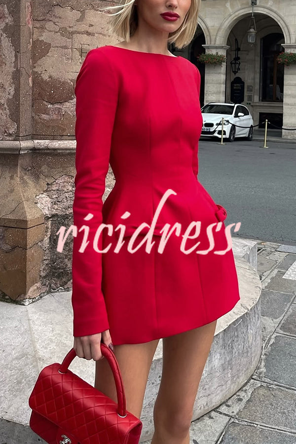 Budding Elegance Bow Detail Boat Neck Long Sleeve Mini Dress