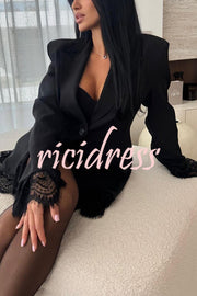 Amazing Items Lace Trim Button Up Long Sleeve Lapel Loose Blazer