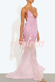 Perfect Night Sequin Embroidery Backless Drape Tulle Hem Slip Maxi Dress