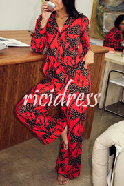Stylish Colorblock Leopard Print Loose Shirt and Elastic Waist Pocketed Pajama Set