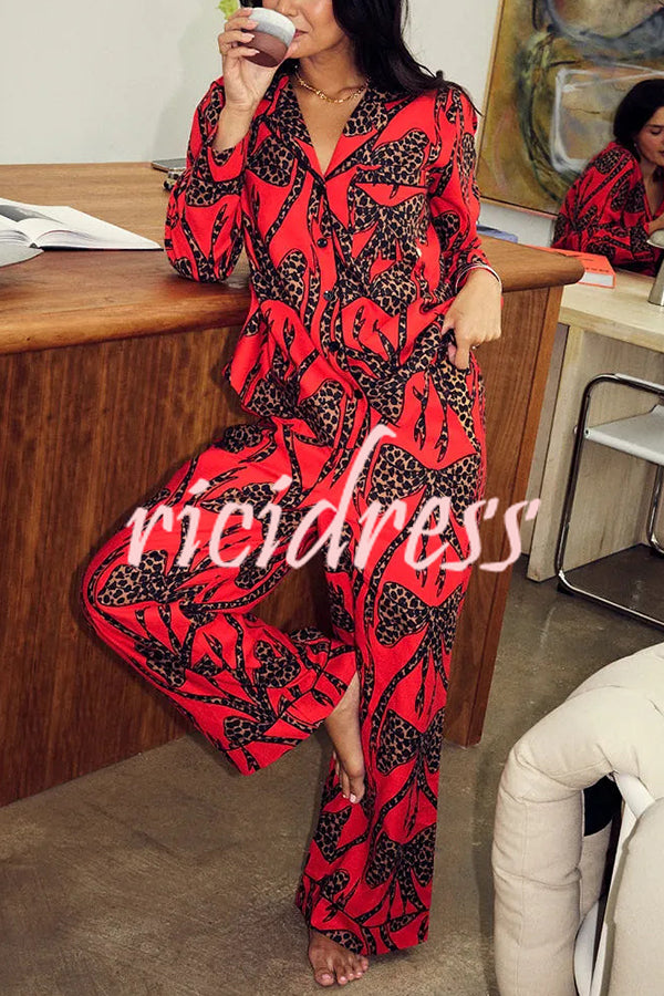 Stylish Colorblock Leopard Print Loose Shirt and Elastic Waist Pocketed Pajama Set