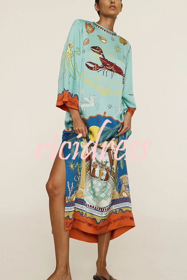 Satin Unique Print Long-sleeve Tie-waist Slit Maxi Dress