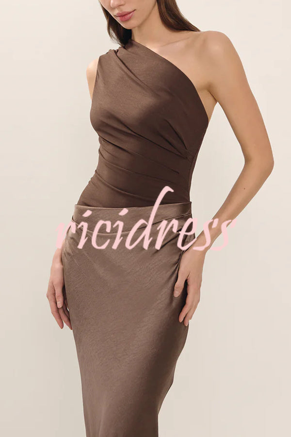Kaia Satin Contrast Fabric Patchwork One Shoulder Ruched Maxi Dress
