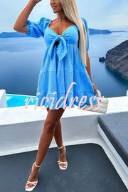 Solid Color Versatile Lace-Up V Neck Balloon Sleeve Mini Dress