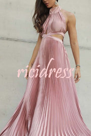 Stunning Choice Satin Pleated Halter High Neck Cutout Waist Backless Maxi Dress