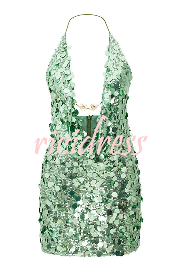 Sexy Halter Neck Sequined Open Back Mini Dress