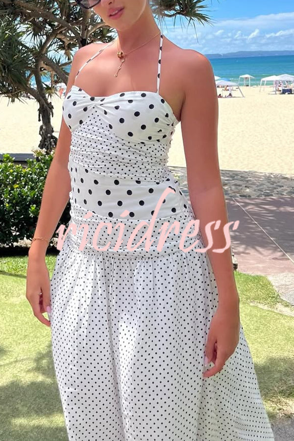 Polka Dot Print Halterneck Tie-stitched Slim Maxi Dress