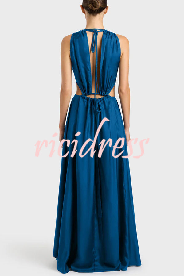 Midnight Charm Satin Ruched Cutout Tie-up Maxi Dress