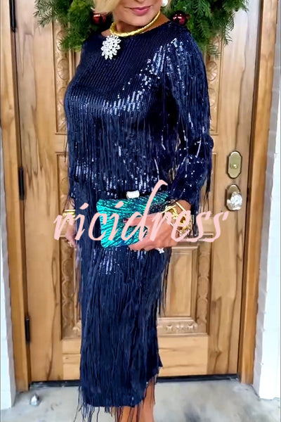 Insight Blueberry Sequin Fringe Long Sleeve Blouse