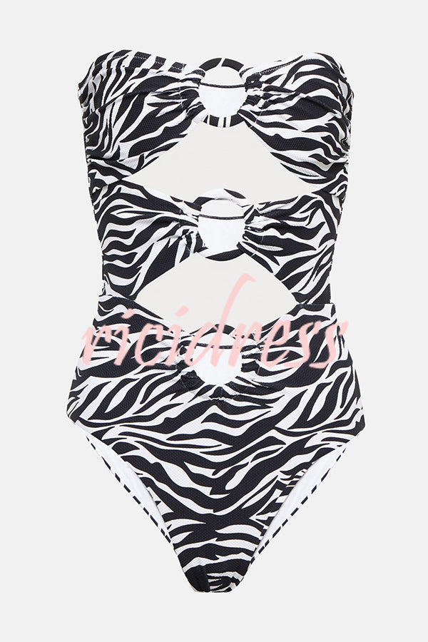 Marsie Zebra-print Ring Cutout Details Off Shoulder Stretch One-Piece Swimsuit