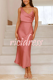 Satin Solid Color Elegant Sling Waist Open Back Maxi Dress