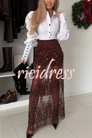 Darling Details Color-block Buttons Long Puff Lantern Sleeve Blouse