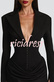 Solid Color Slim-fit V-neck Elegant Draped Formal Mini Dress