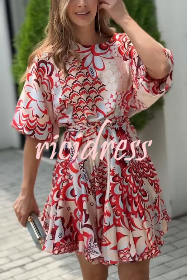 Unique Printed Round Neck Short Sleeve Waist Tie Vacation Mini Dress