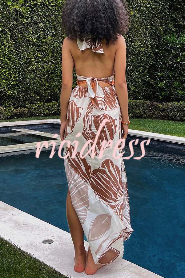 Vacay Bound Linen Blend Unique Botanical Print Halter Maxi Dress