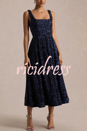Effortless Sparkle Sequin Square Neck Wide Strap A-Line Midi Dress