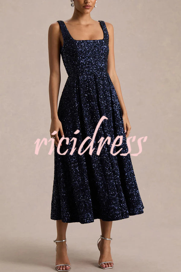 Effortless Sparkle Sequin Square Neck Wide Strap A-Line Midi Dress