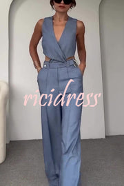 Crossover Slim Fit Sleeveless Vest and High Waisted Wide Leg Pants Set