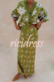 Mysterious Magic Satin Eye Heart Pattern Elastic Waist Drape Maxi Skirt