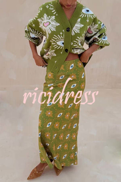 Mysterious Magic Satin Eye Heart Pattern Elastic Waist Drape Maxi Skirt