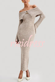 Solid Color Off-shoulder Long-sleeved Elegant Slim-fit Knit Maxi Dress