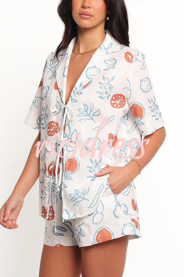 Graffiti Fruit Print Lapel Tie Short Sleeve Top and Elastic Waist Loose Pocket Shorts Set