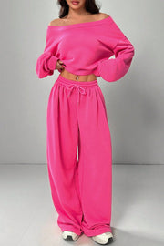 Solid Color Loose Long-sleeved Short Top and Elastic Waist Casual Pocket Wide-leg Pants Set