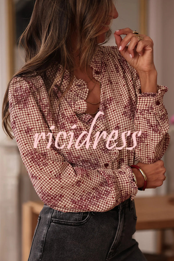 Plant Plaid Printed Long-sleeved Ruffles Casual Shirt