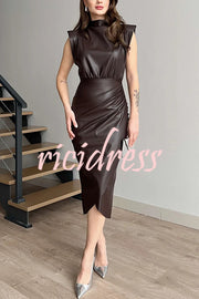 Elouise Faux Leather Turtleneck Shoulder Pads Ruched Slit Midi Dress