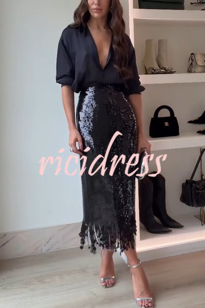 City Queen Sequin Tassel Round Pieces High Rise Back Zipper Midi Skirt