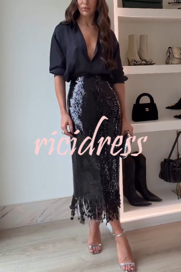 City Queen Sequin Tassel Round Pieces High Rise Back Zipper Midi Skirt