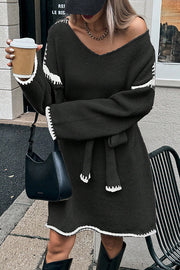 Stylish Loose-fitting Long-sleeved Tie-waist Knit Mini Dress