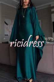Dignified and Elegant Satin Batwing Sleeve with Waist Tie Design A-line Maxi Dress