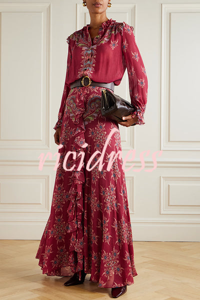 Unique Printed Chiffon Long-sleeved Loose Shirt and Elegant Ruffled Maxi Skirt Set