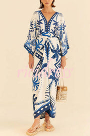 Chic Palm Tree Ethnic Print Fake Two Piece Lace Up Maxi Dress