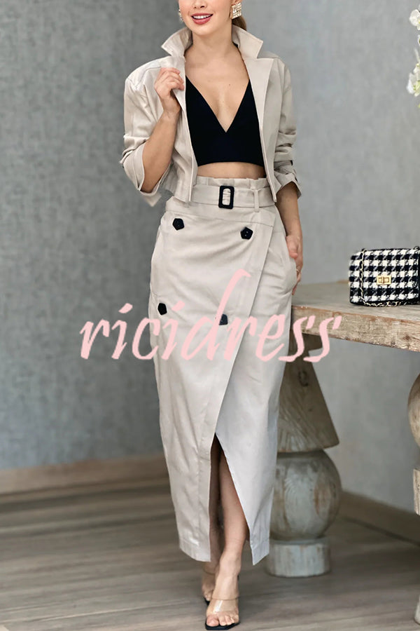 Work Style Lapel Long Sleeve Jacket and Button Belt Pocketed Slit Midi Skirt Set