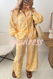Holiday Style Unique Print Long Sleeve Lapel Loose Shirt and Elastic Waist Casual Pocket Pants Set