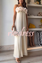 Blooming Chic Flower Applique Elastic Off Shoulder Strapless Maxi Dress