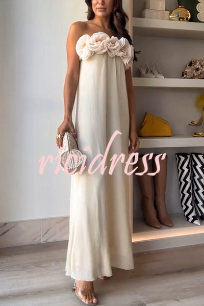 Blooming Chic Flower Applique Elastic Off Shoulder Strapless Maxi Dress