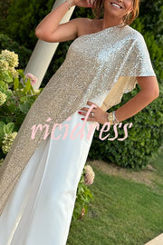 Party Favors Sequin One Shoulder Ruffle Detail Wide Leg Evening Jumpsuit
