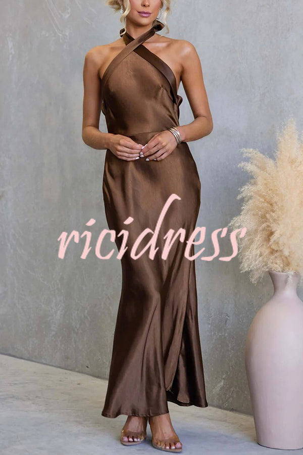 Satin Fashion Halter Backless Slim Elegant Maxi Dress