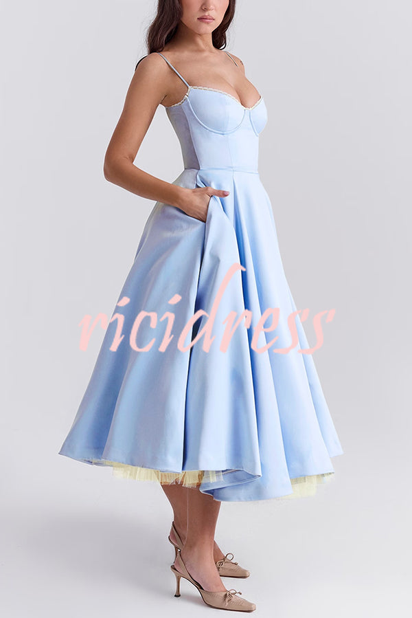 Fairytale Vibe Satin Patchwork Tulle Sweetheart Neck Pocket Stretch Midi Dress