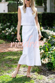 Linen Blend Crew Neck Sleeveless Crop Top and Buttoned Slit Midi Skirt Set