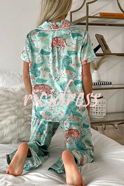 Sleeping Tiger Satin Elastic Waist Pocketed Pajama Pants Set