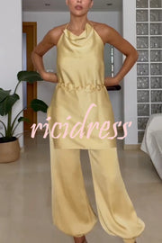 Satin Solid Pocket Loose Casual Pants