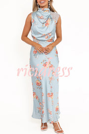 Anabelle Satin Lace Detail Floral Print High Cowl Neck Maxi Dress